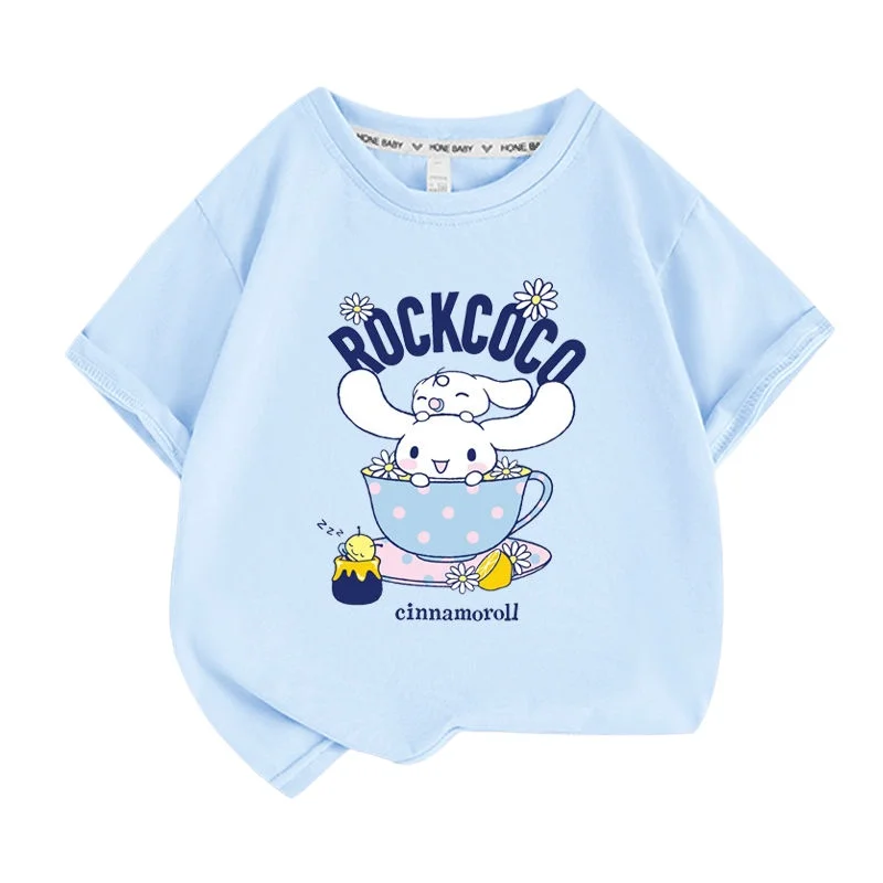 

Sanrio, летняя одежда из 100% хлопка для маленьких девочек, футболки с принтом Cinnamoroll для маленьких мальчиков, верхняя одежда с короткими рукавами и героями мультфильмов