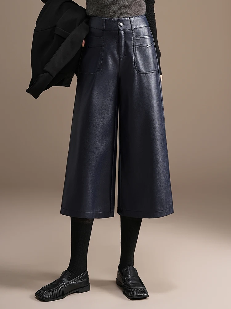 ZUZK جودة عالية بولي Leather الجلود كابري السراويل جديد إمرأة 2026 الخريف الشتاء شيك قصيرة بولي بنطال بنطال جلدي أنيق بنطال جلدي #5