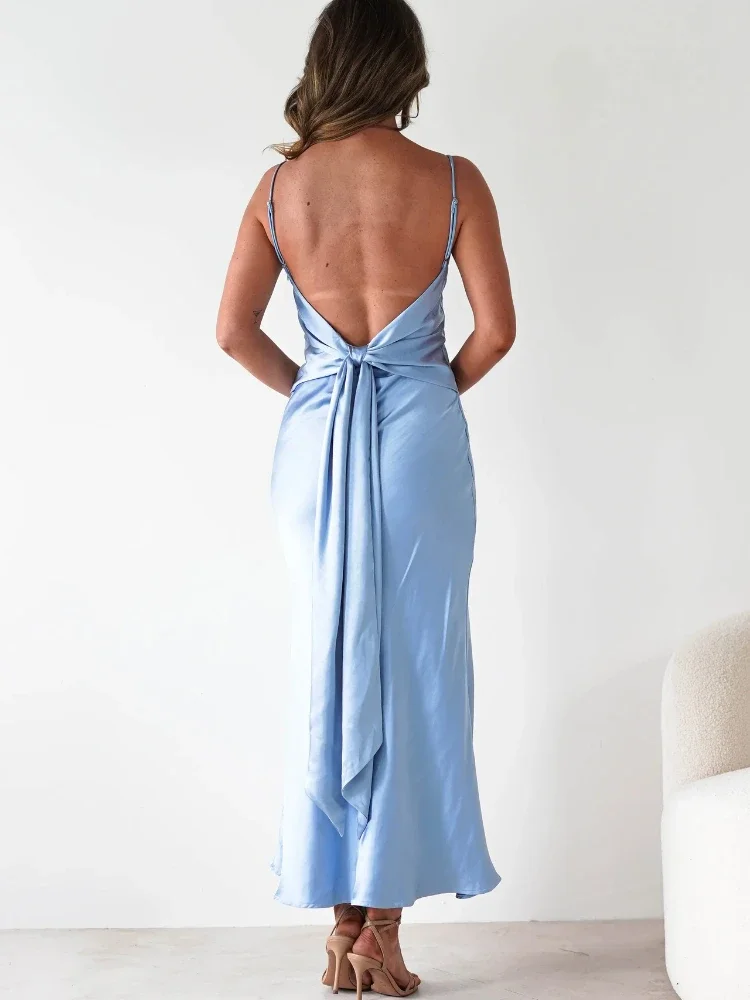 2025年夏の新作レディースファッション、エレガントでセクシーなバケーションスタイル、サテンストラップVネック、バックレス、ウエストコレクション、ロングドレス