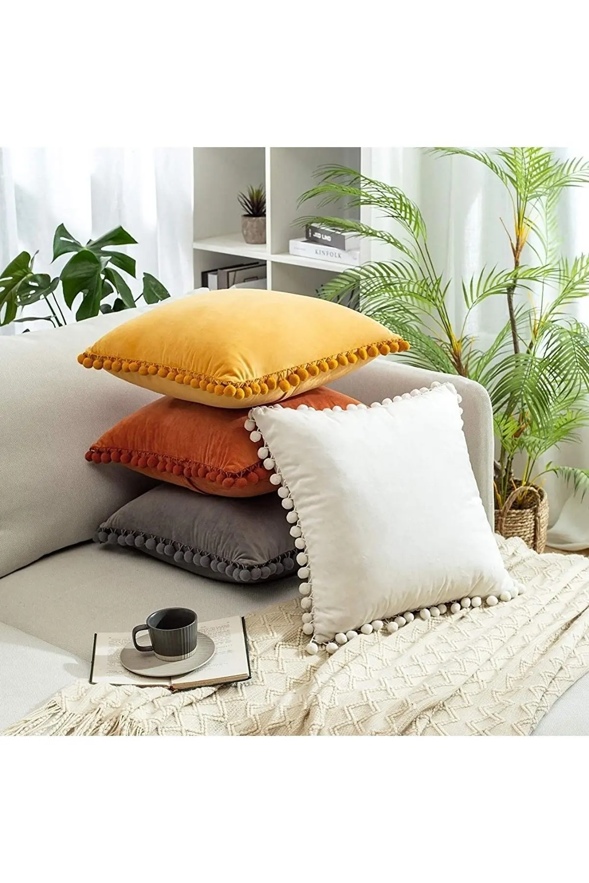 4 Pcs Suede Pillow Cover Autumn Series Pompom With Beige Color Cushion Cover Living Room Home Decor Cushion Cover