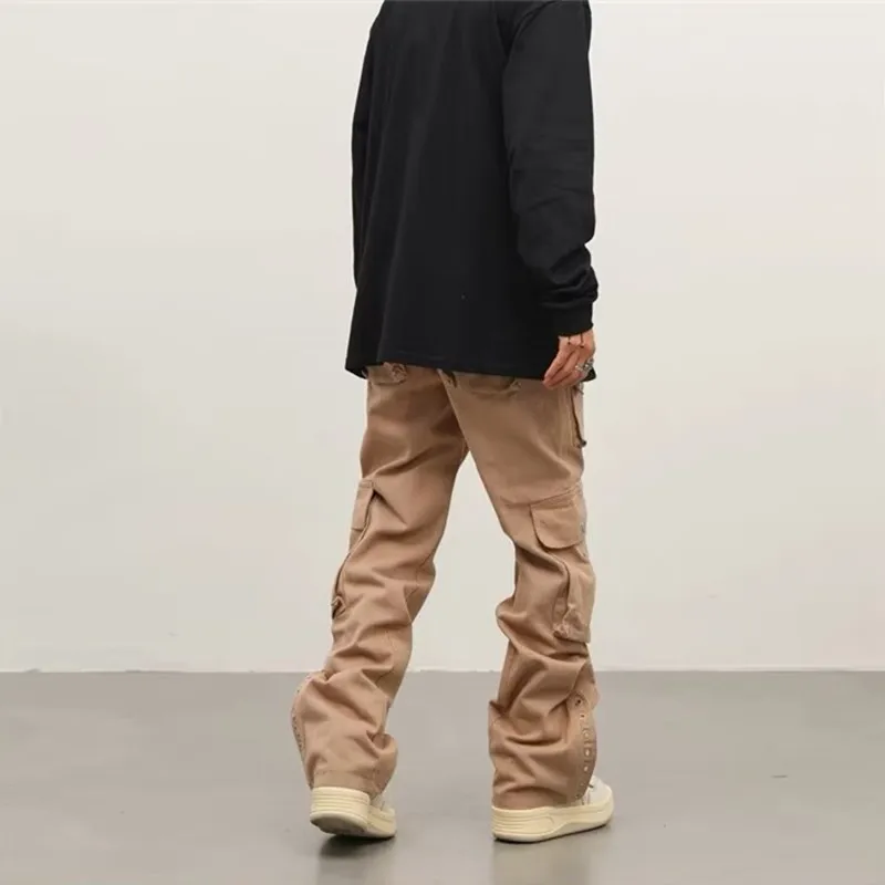 2024 Vibe Y2K Fashion Kanye Khaki Streetwear Cargo Jeans Pants Men Clothes Multi Pockets Straight Hip Hop New Rock Ropa Hombre