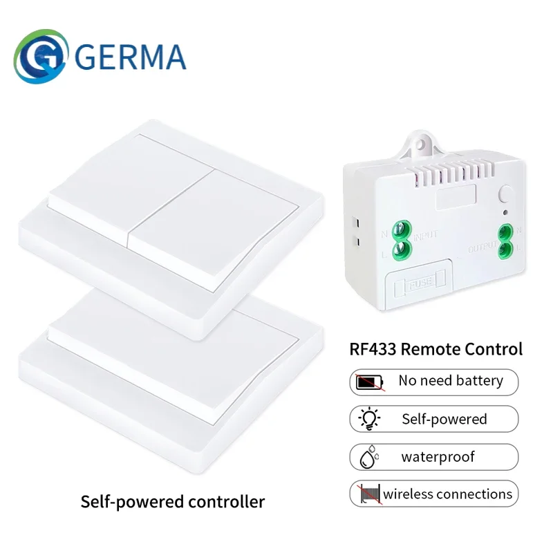 

GERMA Wireless RF433mhz Remote Control Switch 1/2gang No Battery Self-Powered Push Button Switch Waterproof Wall Light Switch