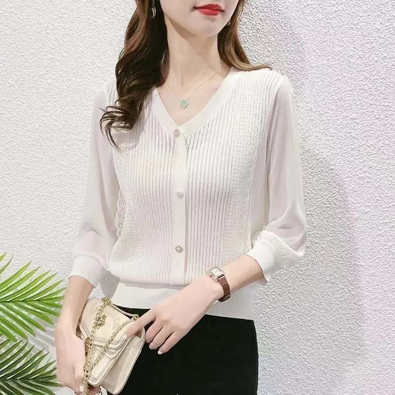 

Women's Clothing Simplicity Commuting 2023 Autumn and Winter Fashion New Splice Button V-neck 3/4 Sleeve Temperament Pullover