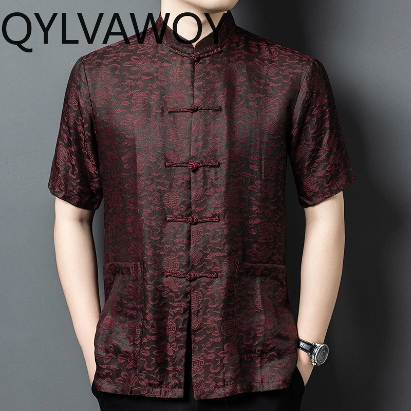 QYLVAWOY Men's Shirts Mulberry Silk Shirt for Man Summer Top Short Sleeve Man Shirts Tang Suit Menswear Clothing Chinese Style