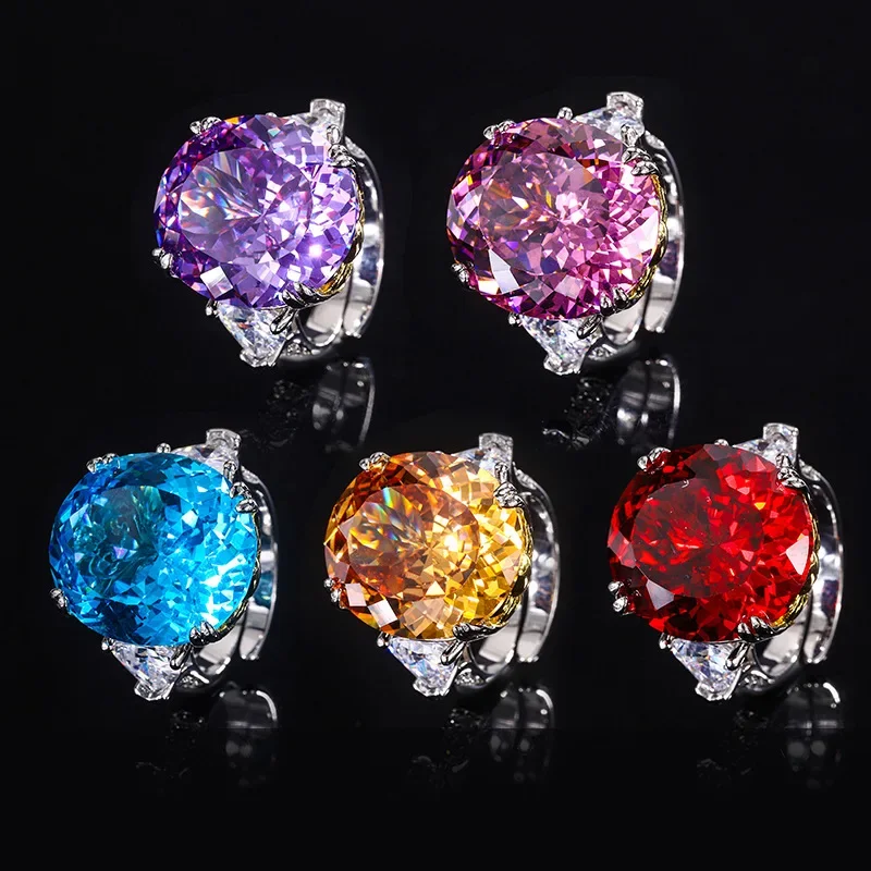 Adjustable Statement Ring Women with Large Round Crystal Available Red Blue Yellow Luxury Birthday Party Gifts Cocktail Jewelry