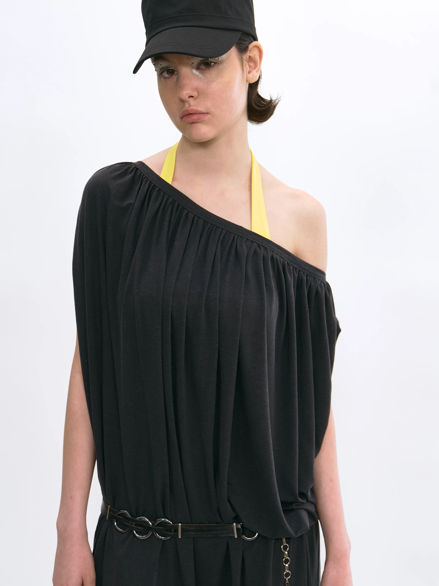 VERMO Adjustable Asymmetrical Shoulder One-Shoulder Long Top Dress  Linen Layered Pleated Midi Dress Women's T-shirt