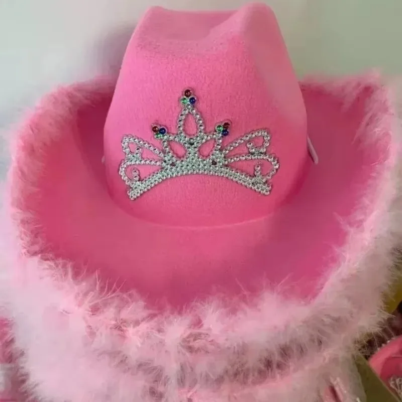 1-5pcs Pink Feather Cowboy Hat Crown Spicy Girl Princess Jazz Hats European American Pink Cowboy Cap Girl Water Diamond Decor