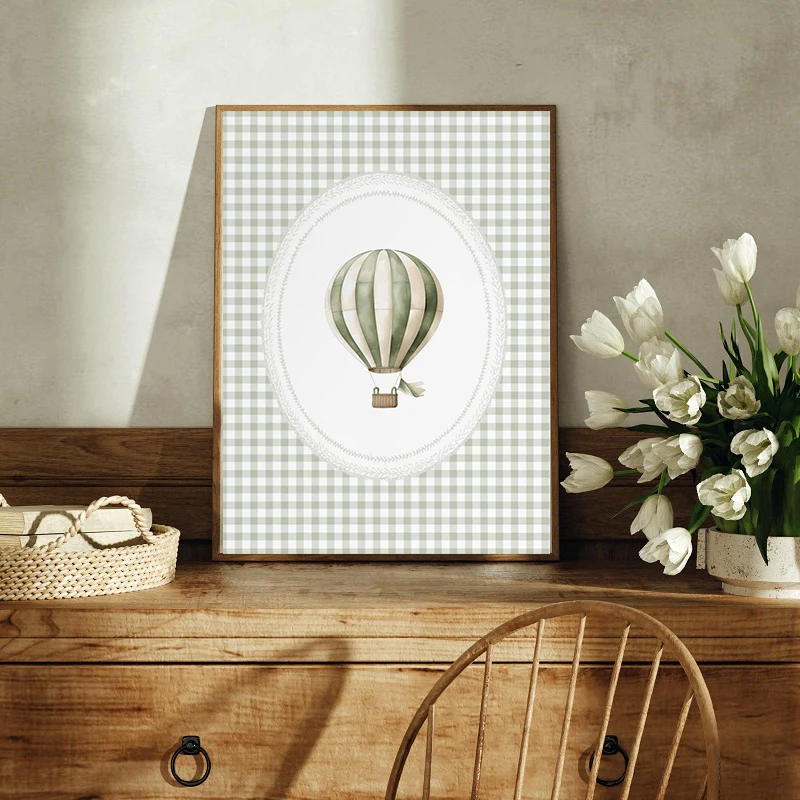 Vintage Hot Air Balloon Baby Sheep Cow Teddy Bear Plane Poster Canvas Painting Print Wall Art Sage Green for Room Nursery Decor