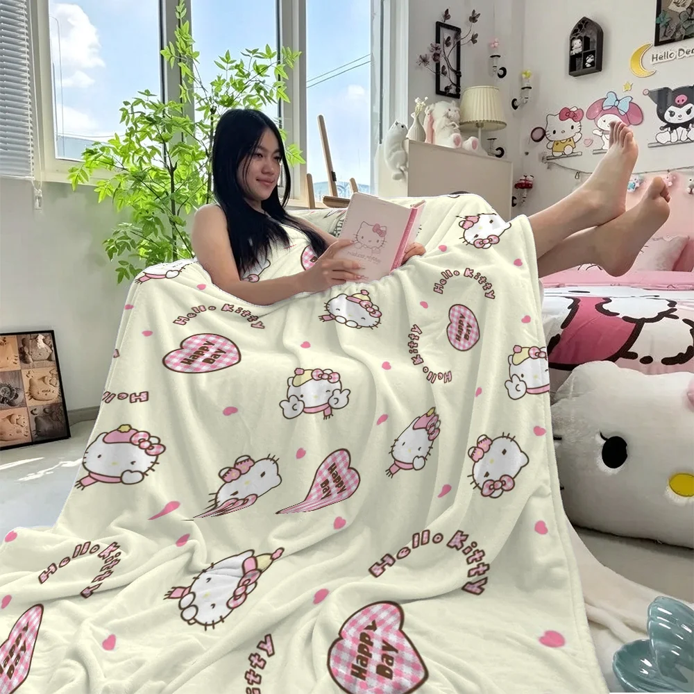 Hello Kitty Flannel Blanket Cute Happy Day Print Fleece Throw Sofa Bed Cover Baby Camping Car Warm Plush Gift