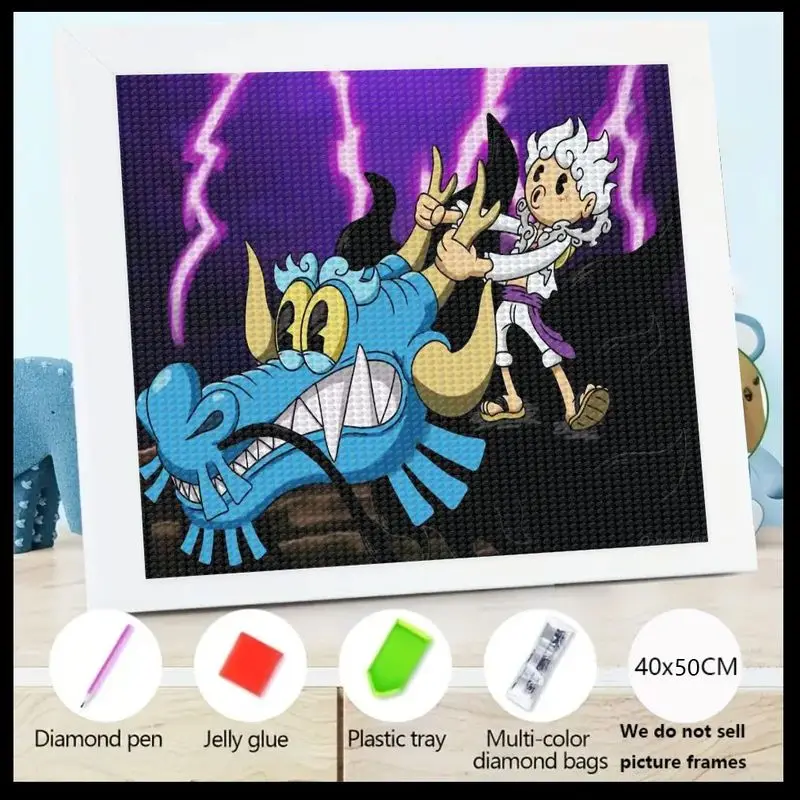 

1 шт. 5D DIY Полный дрель Алмазная картина Набор, Аниме One Piece Inspired Gear 5 Ника Луффи и Дракон Динамическая боевая сцена, Кристалл Ред