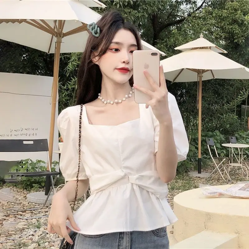 Summer Hot Short Sleeved Shirt Women with A Niche Design Thin French Style Waist Cinching Slimming Bubble Sleeve Top