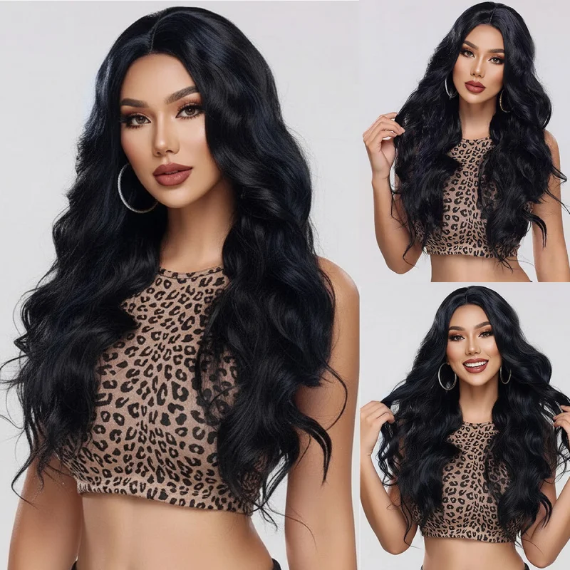 European and American 's , middle-parted women's , synthetic long curly hair, large wavy wigs, wig headgear
