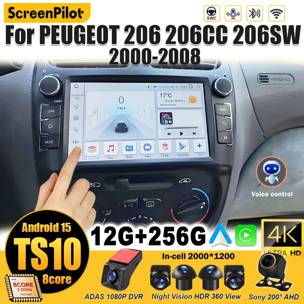 For PEUGEOT 206 206CC 206SW 2000 - 2003 2004 - 2008 Android 15 Multimedia Video Player  GPS Navigation Bluetooth RSD Bluetooth
