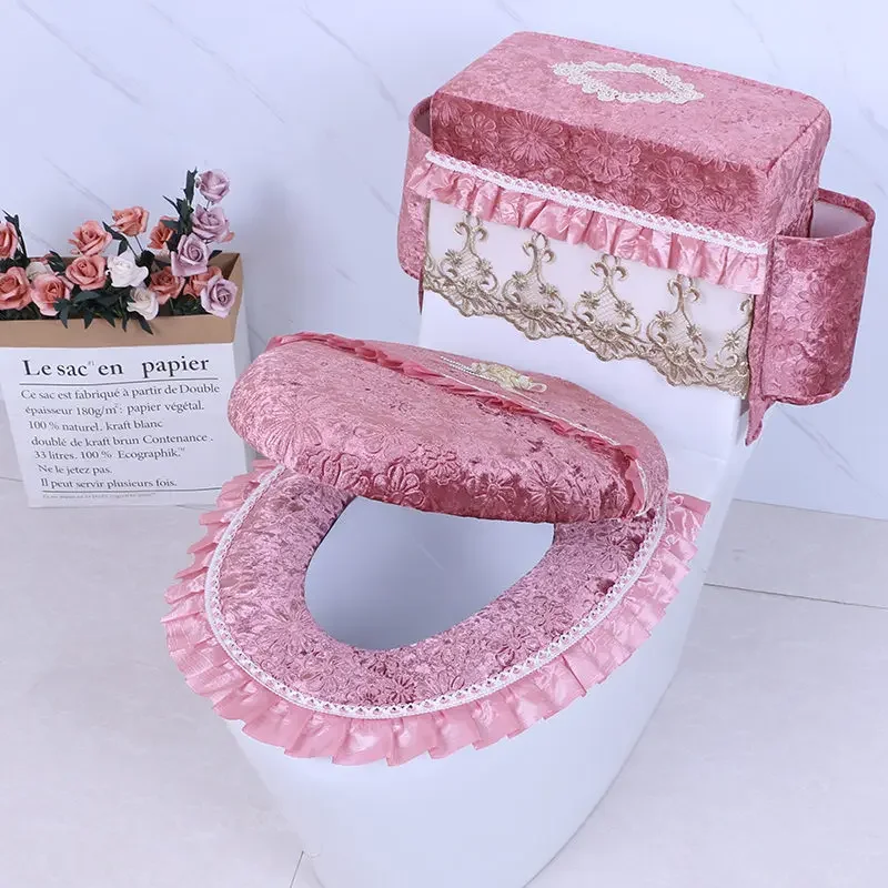 Bathroom Toilet Seat Cushion Mat 3 Pieces/Set Universal Plush Toilet Cover With Lace Toilet Seat Covers Washable Warm Soft