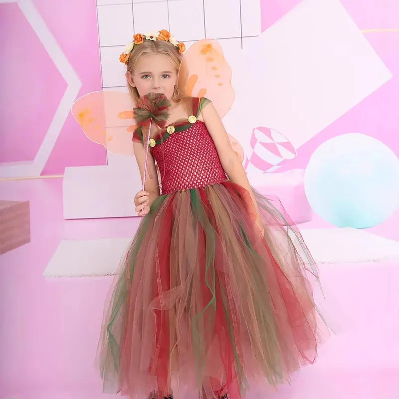 Jungle Fairy Princess Dress Children's Dress Tutu Dress Wings Girl Birthday Party Halloween Role Playing Ball Dress Fairy Dress
