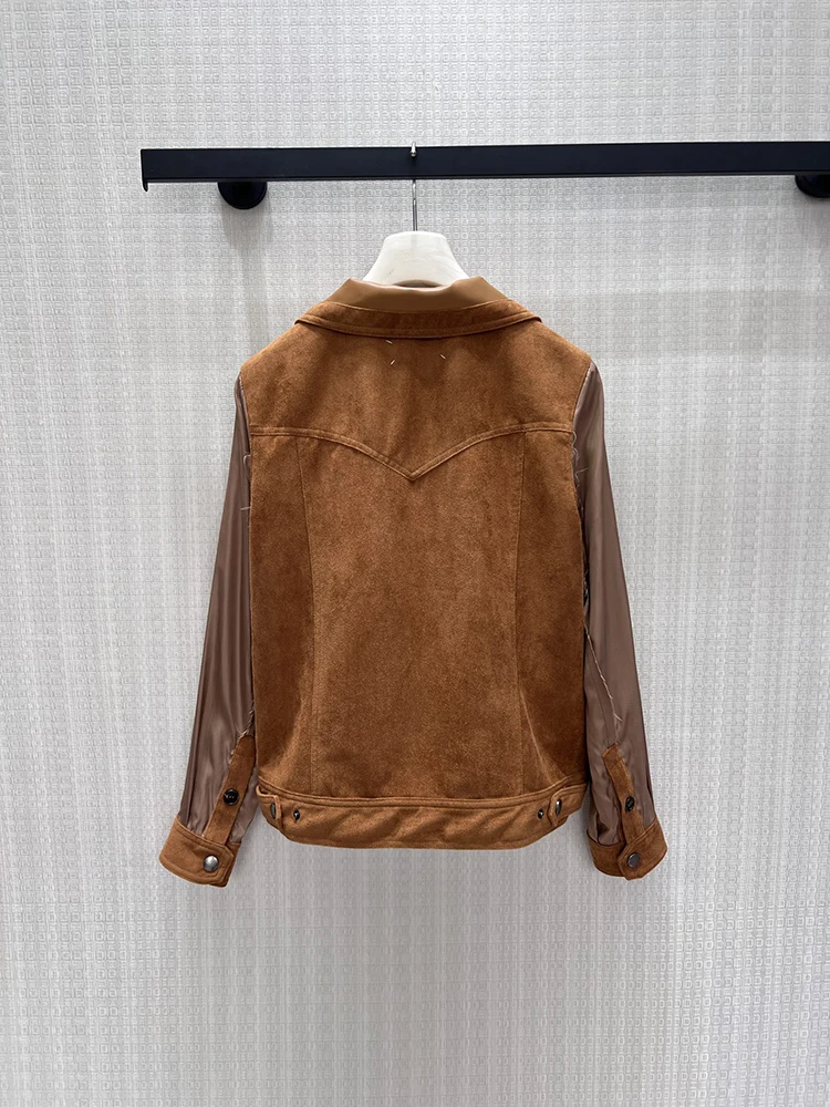 Spring Autumn Fashion Brown Vintage Leather Jacket Women's Solid Color Turn-down Collar Patchwork Long Sleeve Loose Jacket