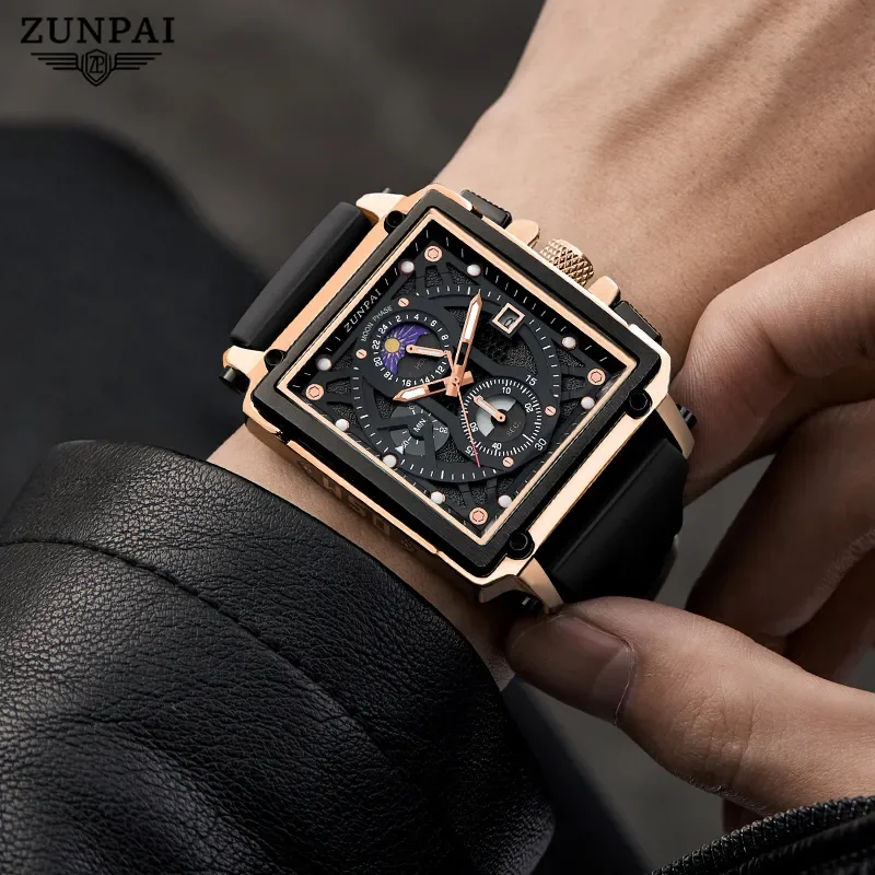 ZUNPAI Original Watch for Men\'s Waterproof Stainless Steel Leather Strap Quartz Fashion Sports Chronograph Square Wristwatches