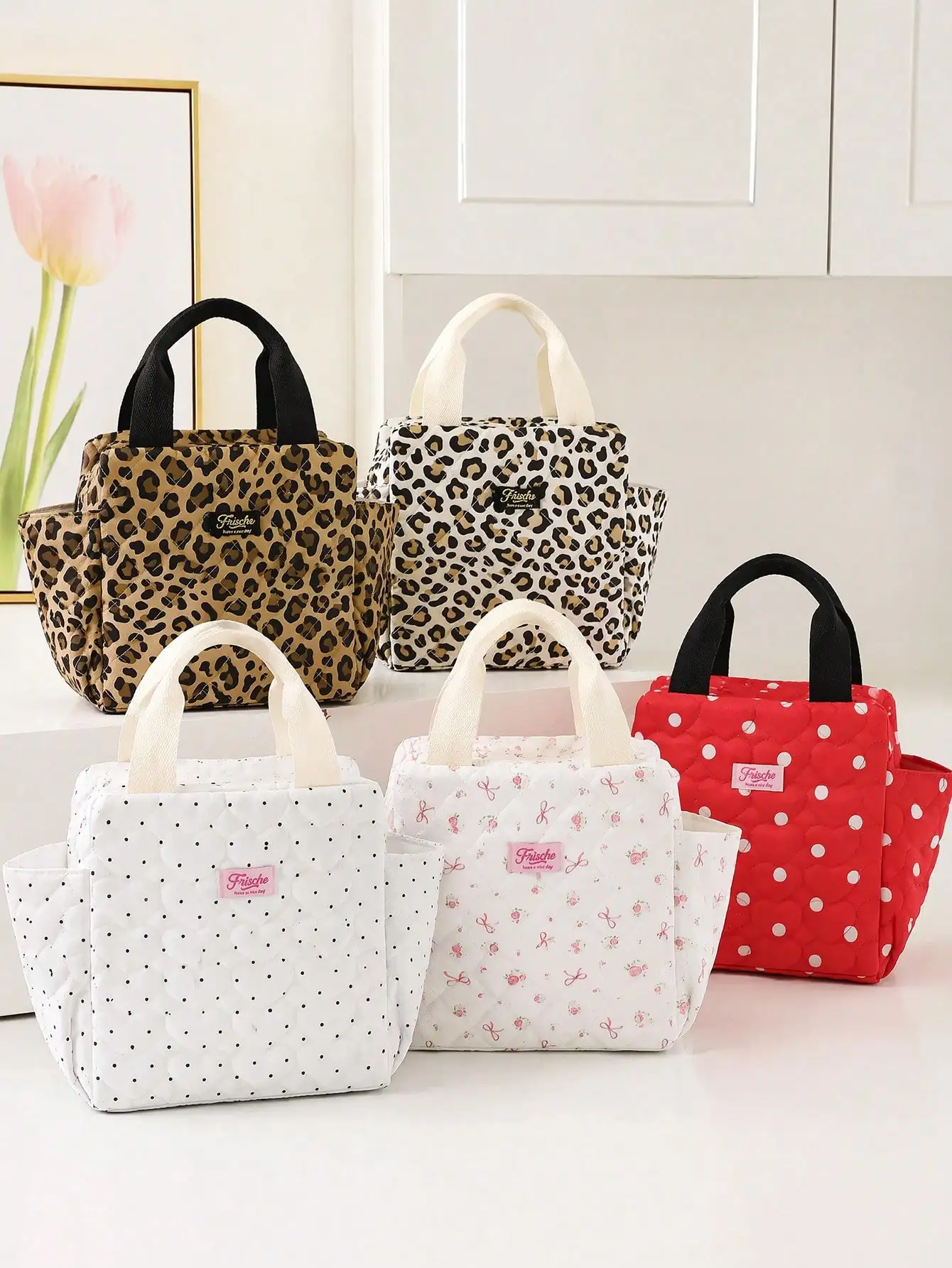 Cute Bow Print Soft Fluffy Lunch Tote Bag, Polka Dot Reusable Insulated Lunch Box, Large Capacity Portable Bento Bag For Work, Office And School Use