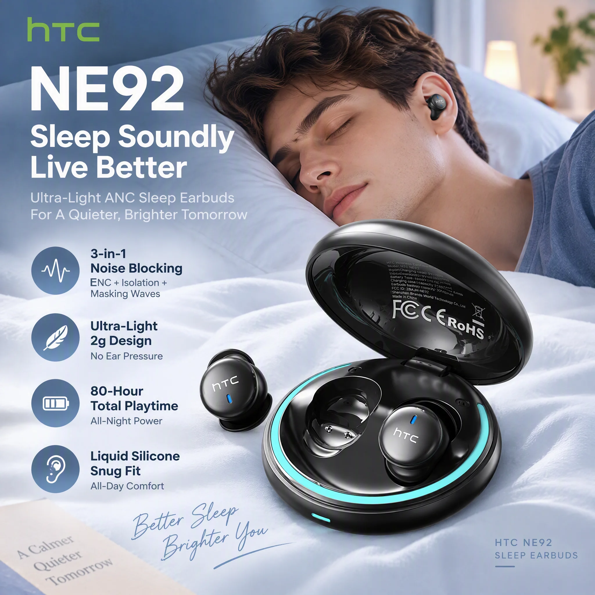 HTC NE92 Sleep Bluetooth Earphones Soft Ultra-light In-ear Earbuds Long Battery Wireless Headphones Speaker for Side Sleeper