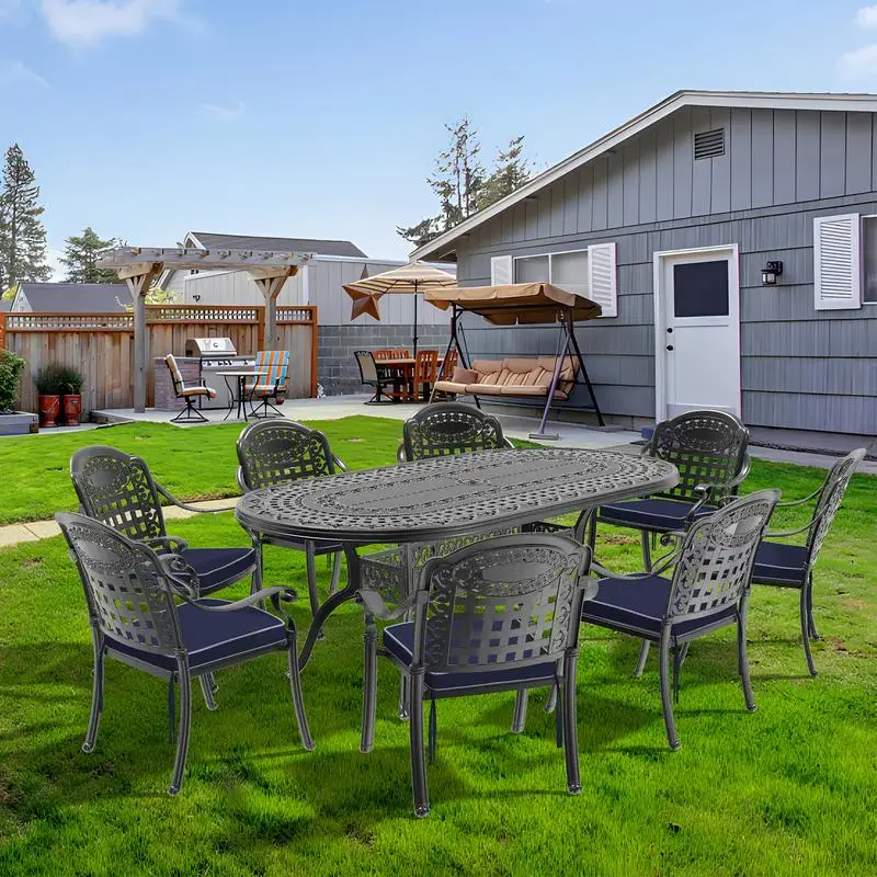 

9-Pc Cast Aluminum Patio Furniture Set w/ Blue Cushions