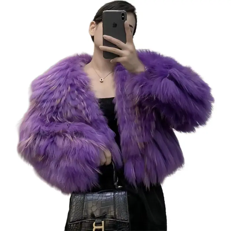 Raccoon Dog Fur Coat for Women,Lotus Collar Short Coat,Covered Button Jacket, Luxury Fashion, Winter, New