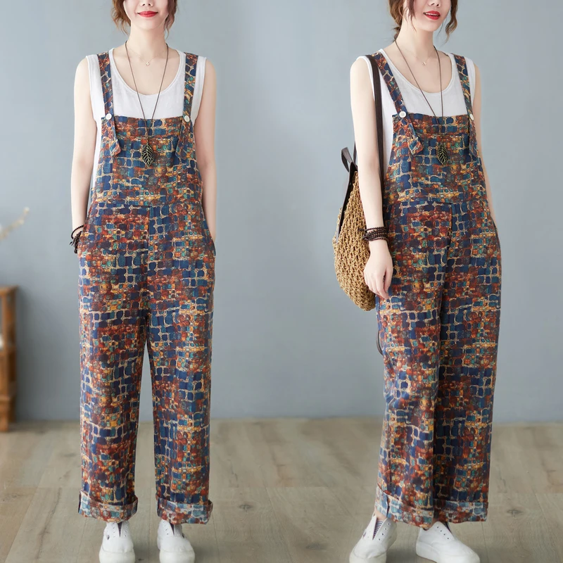 

Retro Geometric Cotton Linen Overalls Casual Cuffed Loose Fit Women plus Size Summer Long Pants No Sve Dres