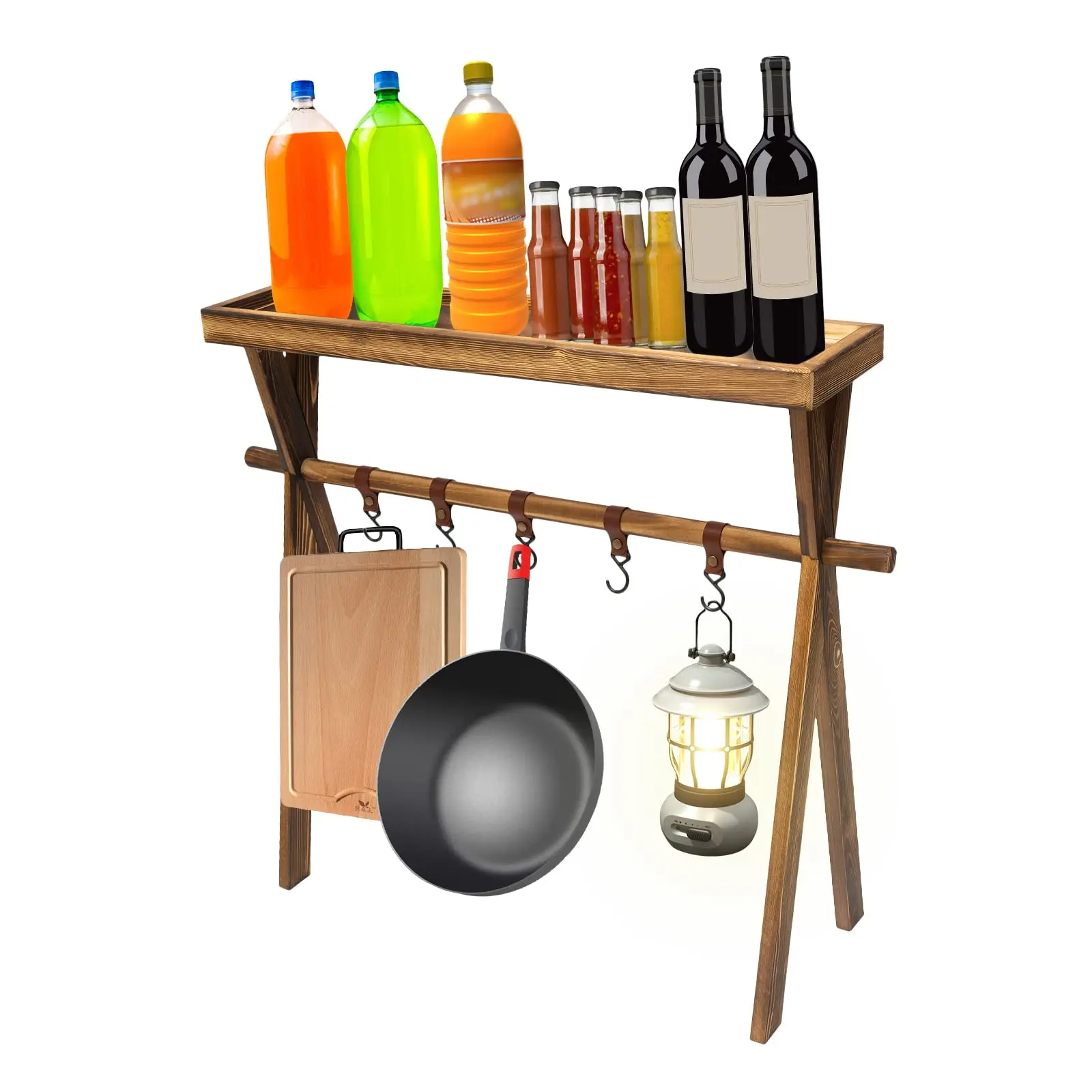 

Portable Wooden Picnic Rack, with Hanging Hook, Lightweight Wood Outdoor Shelf Foldable Travel Camping Table Rack for Storage, Ou