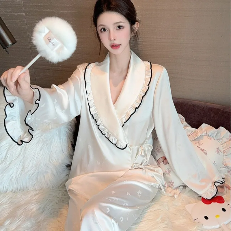 2025 Autumn Winter Women High-End Pajamas Jacquard Ice Silk Two Piece Set Vintage Long Sleeve Pants Loungewear Homewear Nighty