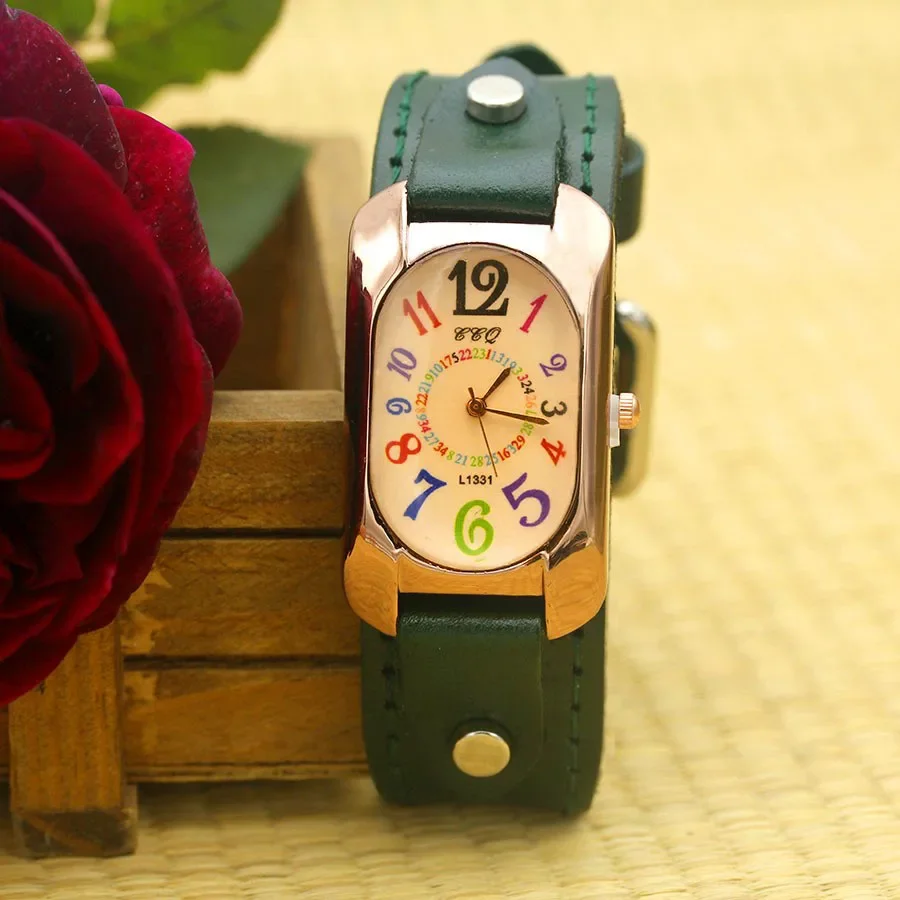 Cow Leather Strap Color Digital Rectangle Watch Women Bracelet Watches Female Bronze Quartz-Watch Student Leisure Wristwatches