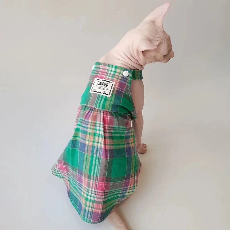 

Sphynx Cat Cotton Plaid Dress Summer Breathable - Open Button Skirt Style for Hairless Kittens, Adjustable Pet Apparel