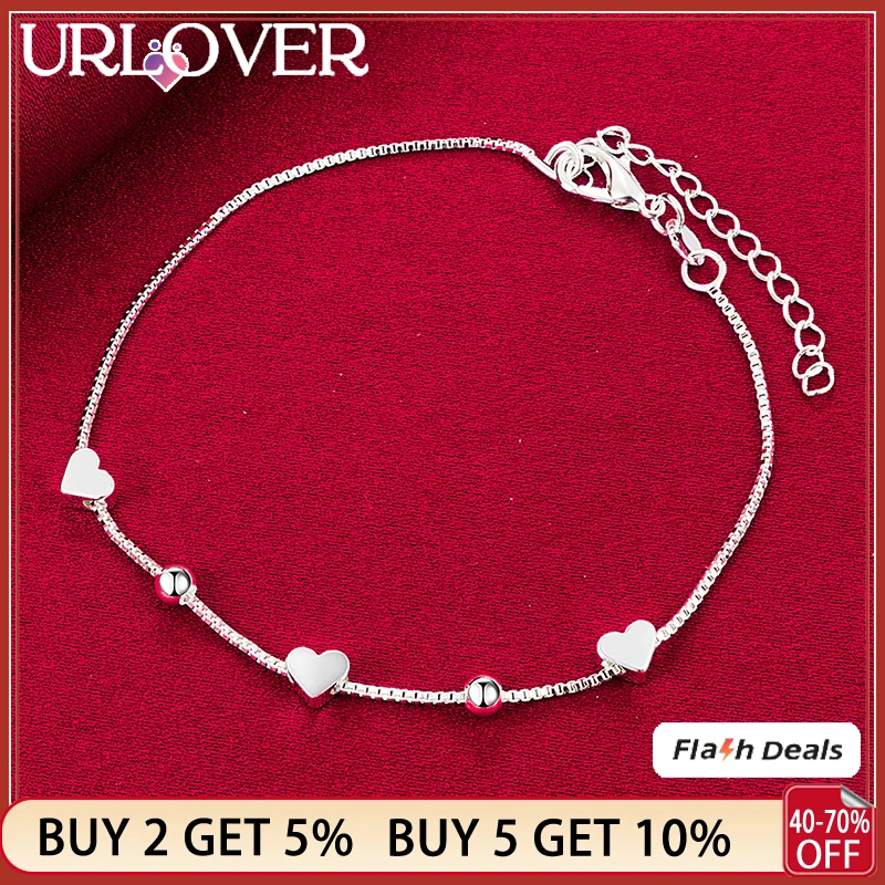 

URLOVER 925 Sterling Silver 24k Gold Bracelet For Woman Little Bead Heart Chain Bracelets Party Wedding Birthday Fashion Jewelry