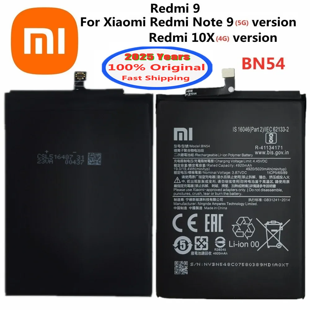 2025 Years 5020mAh BN54 Original Battery For Xiaomi Redmi Note 9 Note9 5G / Redmi 10X 4G Version / Redmi 9 Mobile Phone Battery