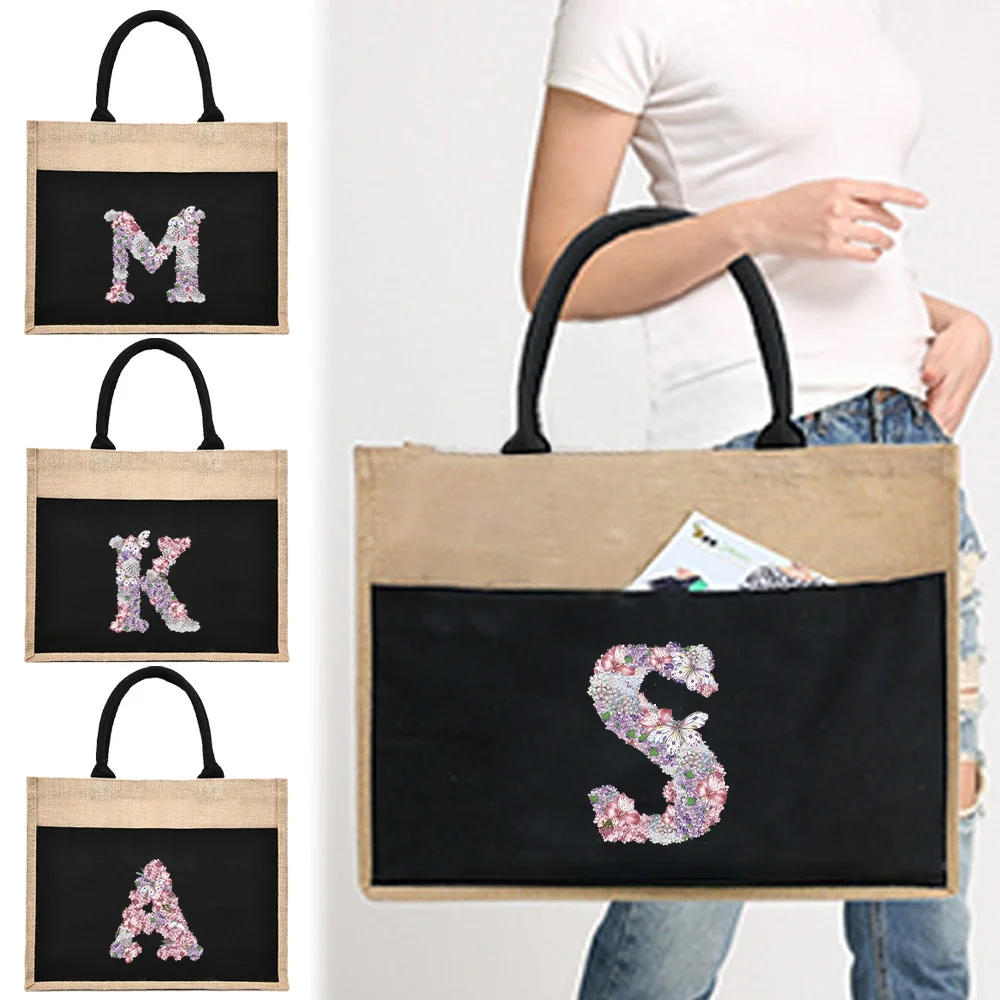 

Льняная повседневная сумка на плечо Льняная сумка для ежедневного хранения Портативный органайзер Сумка серии Rose Flower Летние пляжные сумки