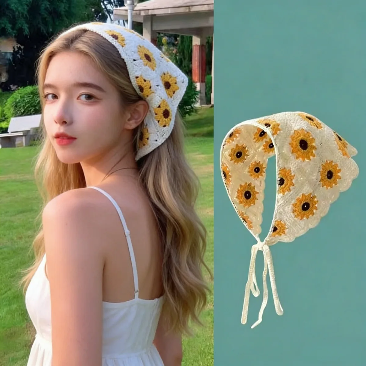 

Винтажная вязаная повязка на голову с цветком, треугольный шарф с принтом ромашки, повязка на голову для женщин, повседневный наряд, модные аксессуары, 1 шт.