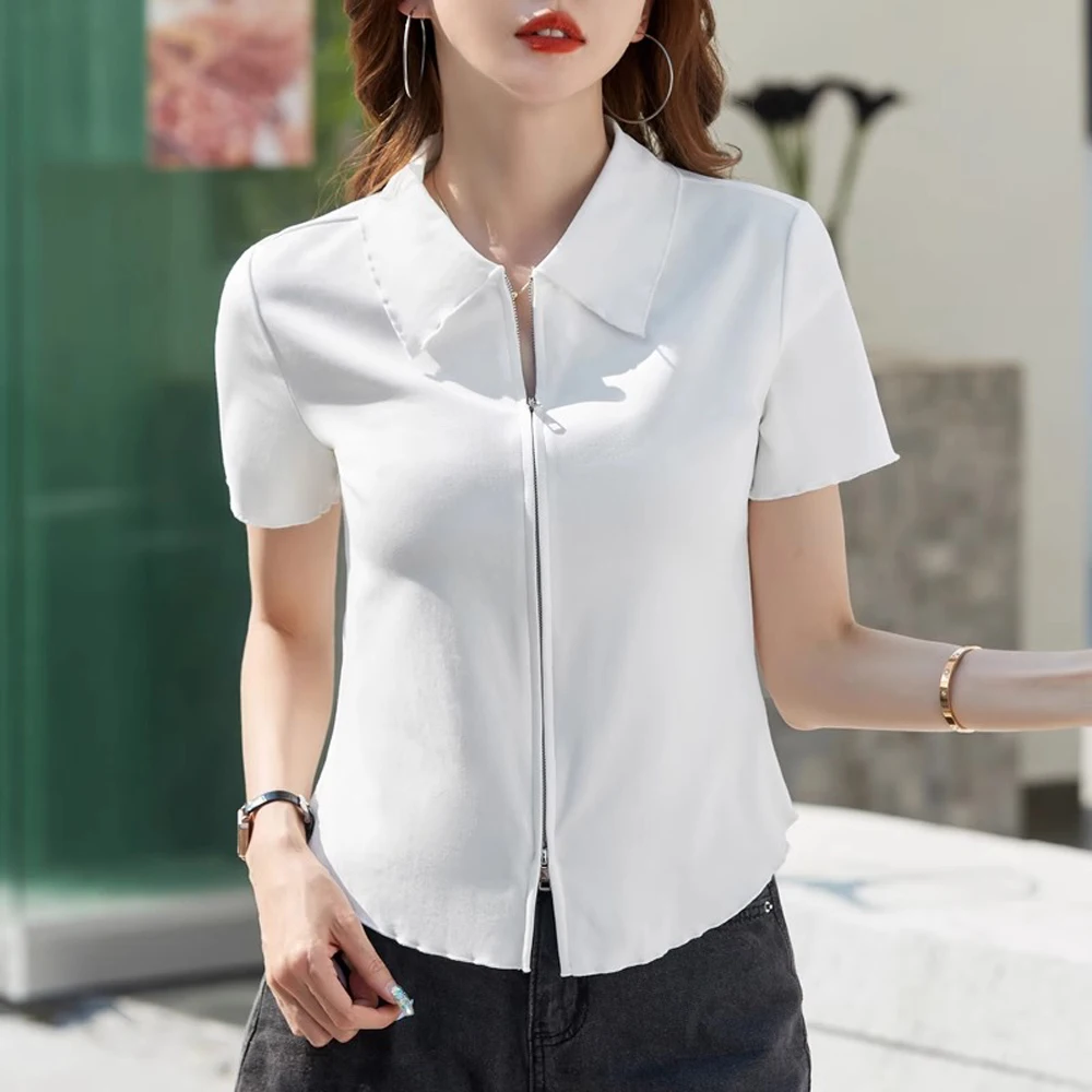 Korean version pink short sleeved t-shirt for women's summer new high-end cotton curved hem slim fit zipper lapel casual top - view 4