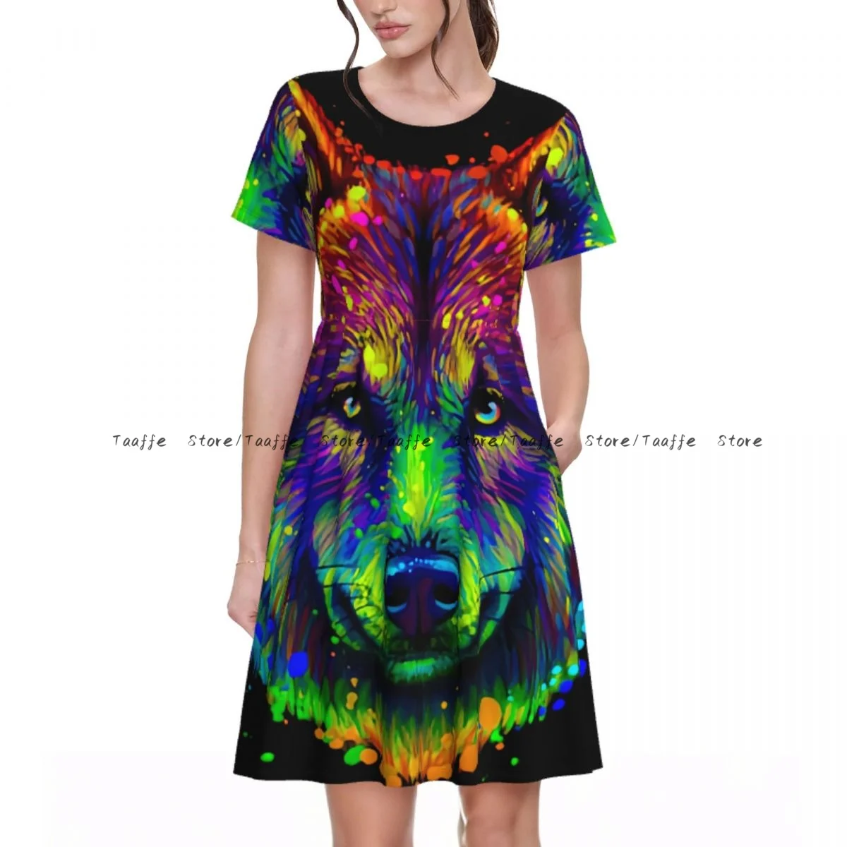 Women Casual Elegant Dress Neon Wolf Head Short Sleeves Loose Dresses Weekend Holiday