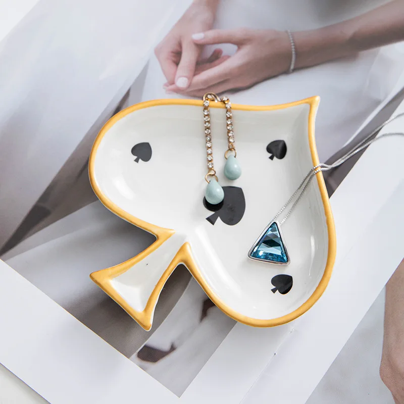 Poker Ceramic Ring Dish, Jewelry Tray & Fruit Plate, Card Suit Decor Storage Ornament for Bathroom Vanity view 4