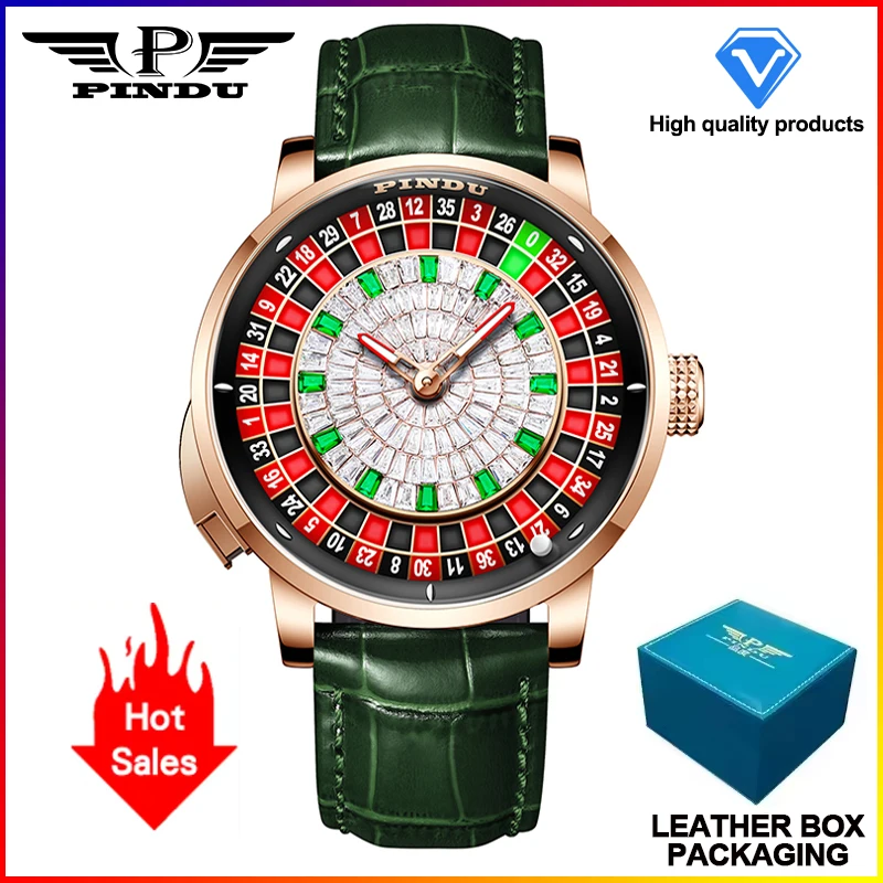 PINDU Design Nieuwe Drukknop Draai Russische Roulette Spel 46MM Mechanisch Herenhorloge NH35A Saffierglas Diamant Wijzerplaat Herenhorloge