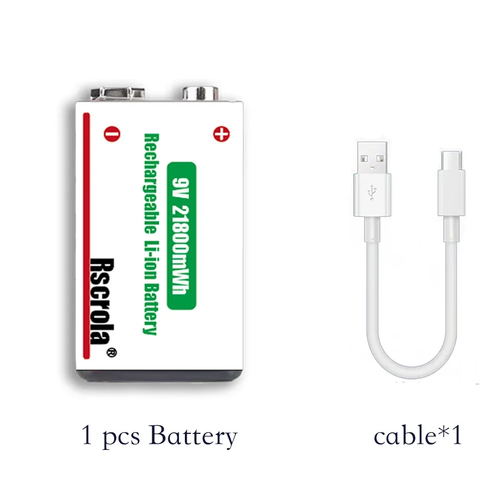 Rscrola 9V 21800mWh Lithium-ion oplaadbare batterij met hoge capaciteit voor gitaar, microfoon, rookmelder, pedaal met kabel