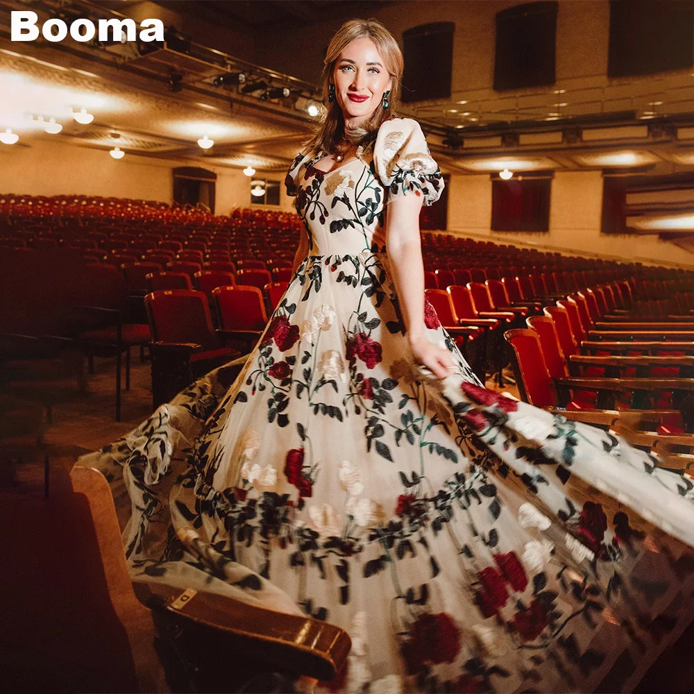 Booma Vintage Embroidery Prom Dresses Short Sleeves A-Line Celebrity Party Gowns Evening Dress Mother-Daughter Dress Outfits