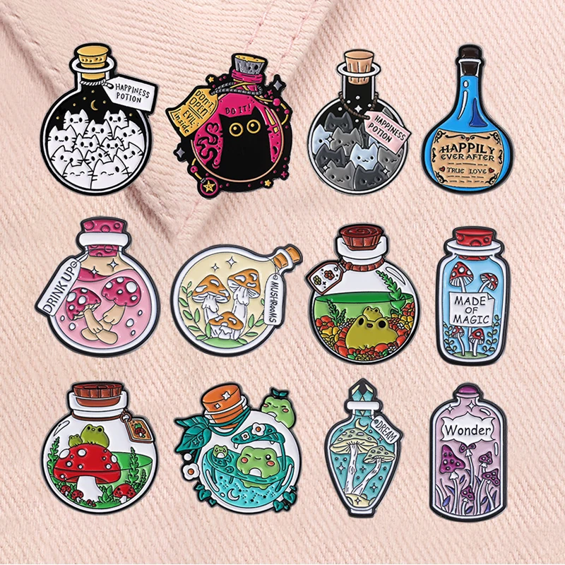 5-12pcs/set Cartoon Anime Characters Enamel Pins Magic Bottle Red Eared Rabbit Book Black Cat Brooches Lapel Badge Jewelry Gifts