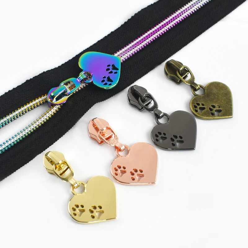 

2/5/8/10M 5# Nylon Zip+Zipper Head Heart Shaped Paw Print Zippers Puller Clothing Decor Zips Repair Kits DIY Sewing Accessories