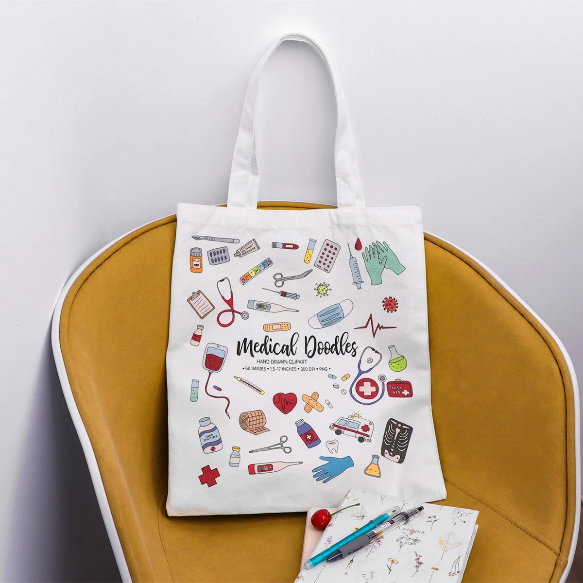 

Medical Doodles Canvas Tote Bag Nurse Doctor Medical Supplies Print Reusable Shopping Bag Shoulder Bag For Healthcare Workers