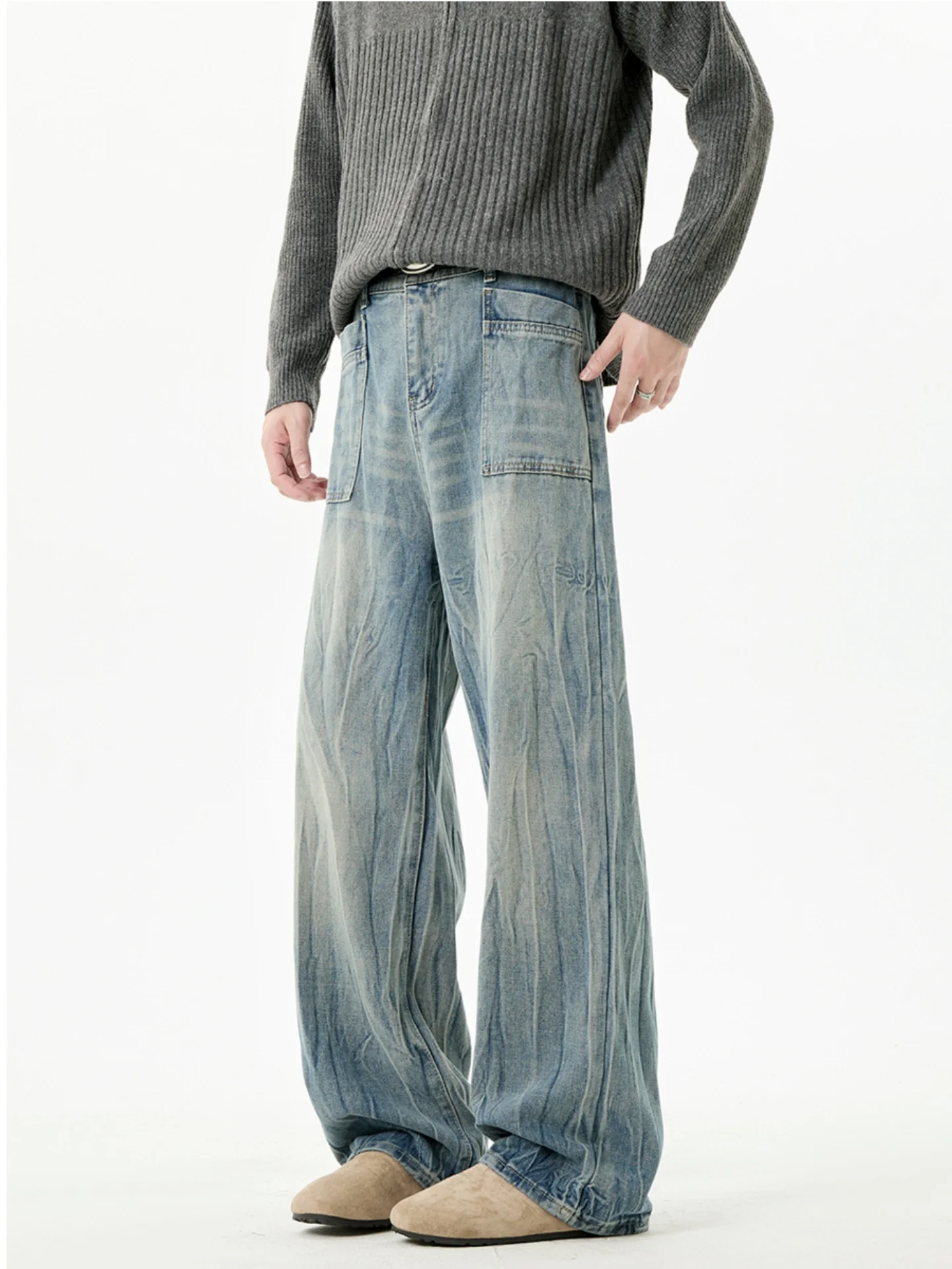 

Мужские джинсы American Sle Lightning Pattern в стиле ретро, свободного прямого кроя, слегка расклешенные, модные повседневные джинсы