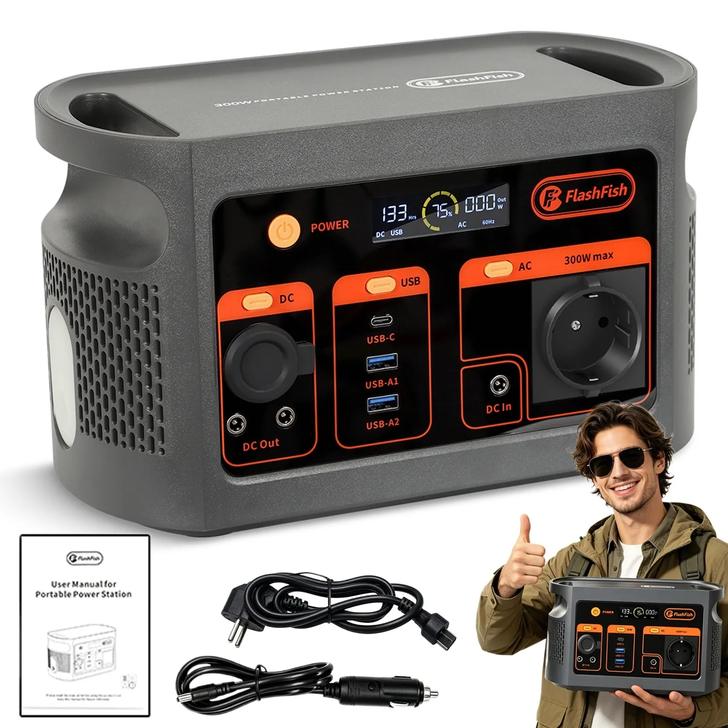 Estación de Energía Portátil FlashFish E103 de 300 W con Batería LiFePO4 de 179.2 Wh, Generador Solar con Salida USB QC3.0 Tipo-C DC para Emergencias y Campamentos