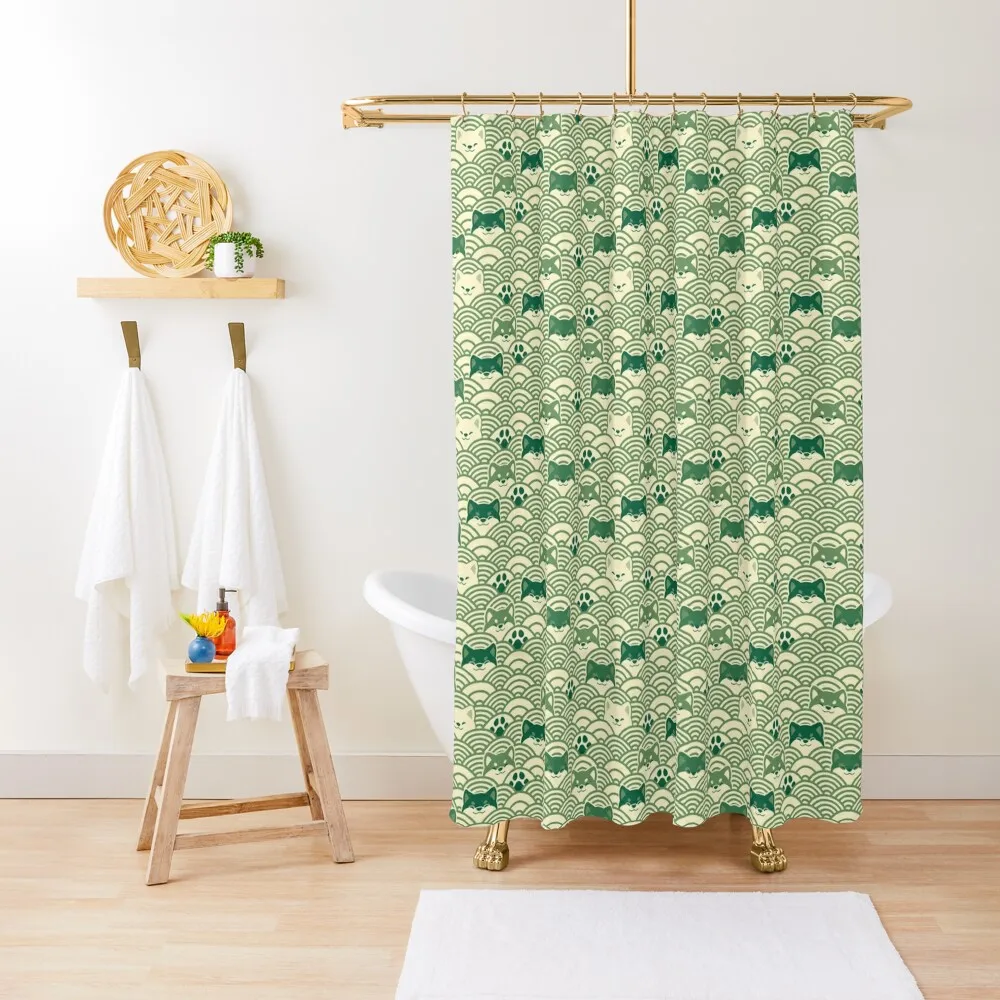

Japanese Waves and Shibas - Light Bamboo Shower Curtain Bathroom Showers Cover Curtain