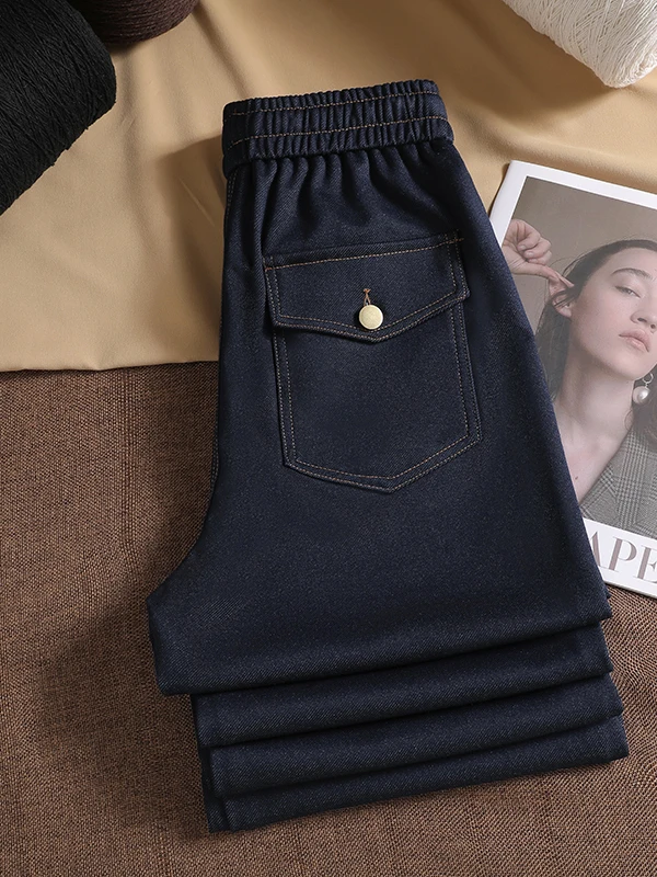 

Deep Blue Loose Wide Leg Denim High Waist Drapey Casual Floor Length Straight Leg Pants for plus Size Women Spring New Style