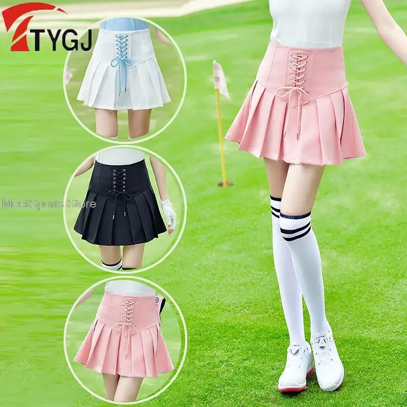 Ttygj Korean High Waist Golf Skirts Women Lace Up A Lined Sports Skirt Ladies Summer Pleated Streetwear Skorts With Inner Shorts