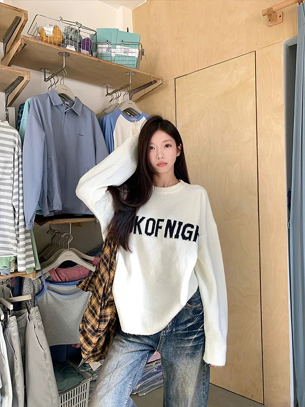 

ey Thi Knitted Casual round Ne Sweater Women's Loose Fit Autumn Winter Top Trendy Commute Sle Letter Print Long Sve