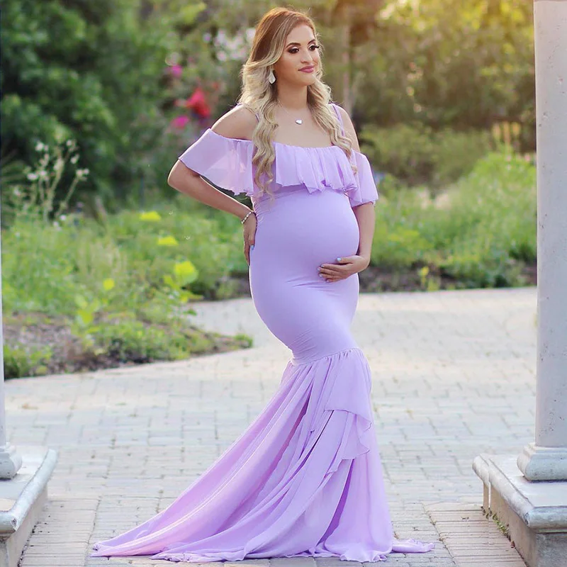 Vestido de maternidad de sirena sin hombros para mujer, vestido de sesión de fotos de embarazo, gasa, largo hasta el suelo, Verano